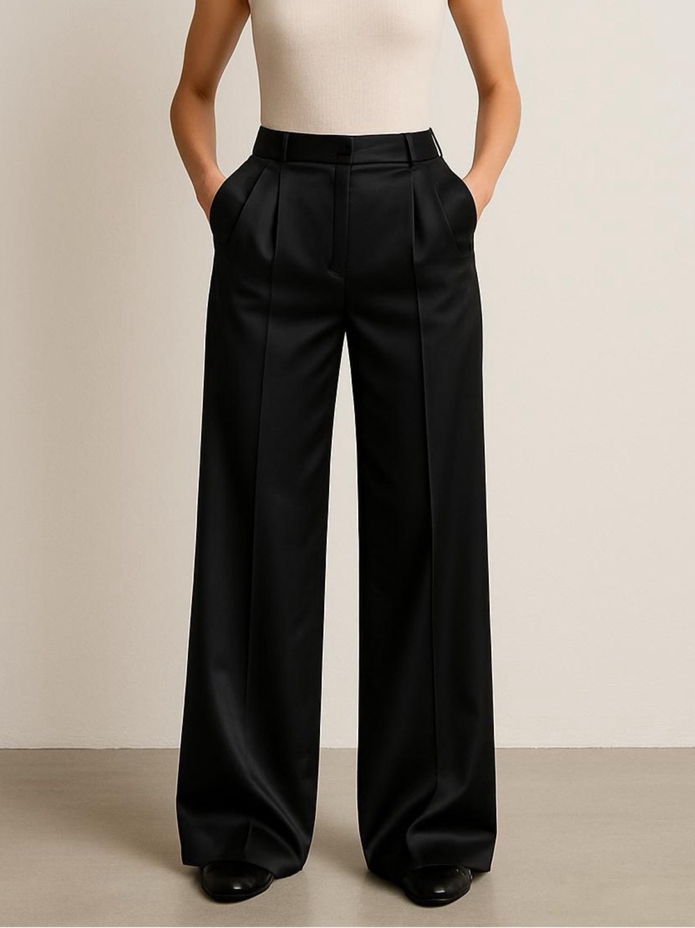 [NWOT] WAYF Black Silky Satin Pleated Wide Leg Flowy Trousers Pants - Size XS